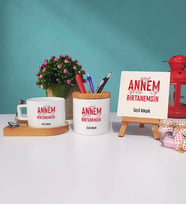 Anneler Günü Hediyesi Anneye Hediye - 7 - Ahşap Altlıklı Fincan Kalemlik ve Dekoratif Taş Baskı Hediye Seti