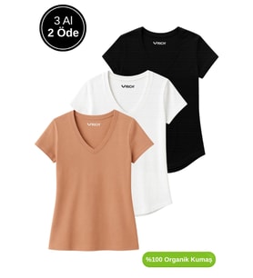 Kadın 3'lü Paket Siyah-Beyaz-Kahverengi %100 Organik Pamuk Normal Kesim Tişört V Yaka T-Shirt