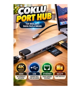 Type-C Çoklu Port Hub – 4K HDMI, USB, Ethernet, SD ve TF Kart Okuyucu