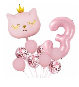 Taçlı Pembe Kedi 3 Yaş Folyo Balon Set