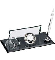 Kişiye Özel İsim Yazılı Ultra Clear Kristal Cam Masa İsimliği Seti - Gümüş Detaylı Tek Kalemli Makam Hediyesi