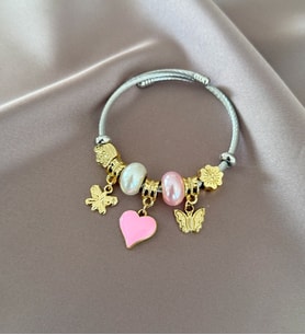 Pembe Kelebek Kalp Charm Bileklik (Gümüş)
