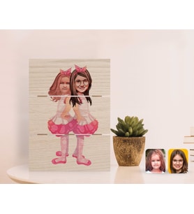 BK Gift Kişiye Özel Kız Kardeşler Karikatürlü Otantik Masaüstü Ahşap Palet Çerçeve-3 (Beyaz)