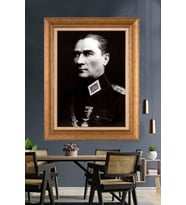 Altın Varaklı Çerçeveli Paspartulu Atatürk Tablo nh227 (Gold)