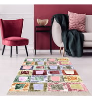 Kırkyama Patchwork Desenli Etnik Dijital Baskı Yıkanabilir Kaymaz Taban Salon Halı ve Yollu (Pembe)
