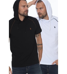Dewberry Erkek Pamuklu Kapüşonlu Tişört 2'li Set Beyaz-Siyah T8570 Günlük Giyim, T-Shirt, Hafta Sonu Kombini