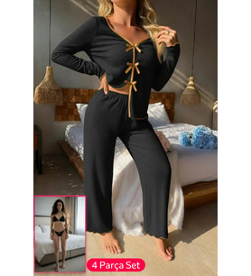 pilelistore Kadın Siyah Fiyonklu İç Çamaşırı Ve Uzun Kollu V Yaka Pijama Takımı 4'lü Set