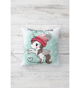 Merry Christmas Ünicorn Çift Tarafı Baskılı Gizli Fermuarlı Yastık Kılıfı Kırlent Yastık Kılıfı (Beyaz-Turkuaz)