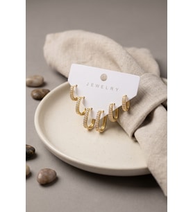 Gold Renk Zirkon Taşlı Pirinç Oval Kare Model Kadın Küpe Seti 5886