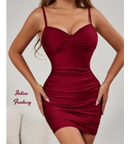 Intive Fantasy Bordo/Şarap Rengi İnce Askılı V Yaka Slim Fit Gecelik/Elbise