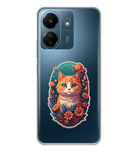 Xiaomi Redmi 13C Uyumlu Çiçek ve Kedi Tasarımlı Şeffaf Telefon Kılıfı