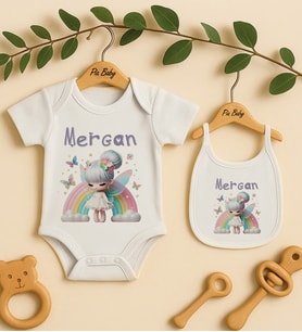 Pia Baby Premium %100 Pamuk İsme Özel Organik Baskılı Çıtçıtlı Bebek Body Ve Önlük 5083-20 (Ekru)