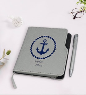 BK Gift Kişiye Özel Çapa Tasarımlı Gri Termo Deri Defter Kalem Seti-1