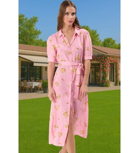 Kadın Midi Boy Gömlek Elbise Animal Desenli Viskoz Kumaş Günlük Stil Modern Stil (Pembe)