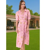 Kadın Midi Boy Gömlek Elbise Animal Desenli Viskoz Kumaş Günlük Stil Modern Stil (Pembe)