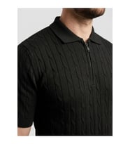 Erkek Yazlık Triko Saç Örgü Tişört Kısa Kol Polo Yaka Fermuarlı T-Shirt - Siyah