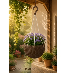 Rattan Desenli Askılı Saksı 2 Litre – Alt Tablalı Dekoratif Saksı