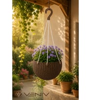 Rattan Desenli Askılı Saksı 2 Litre – Alt Tablalı Dekoratif Saksı