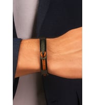Haki ve Taba Karışımlı Örgülü Siyah Hakiki Deri Erkek Bileklik  Mıknatıslı Metal Tokalı Tasarım