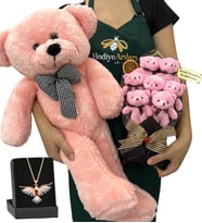 Kişiye Özel 7'li Peluş Ayıcık Buketi, Renkli Anka Kuşu Kolye ve Pembe Peluş Ayıcık (Model 5)