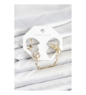 Mey İthalat® Pirinç Gold Renk Kelebekli Model Zincir Bağlantılı Ear Cuff Küpe Seti