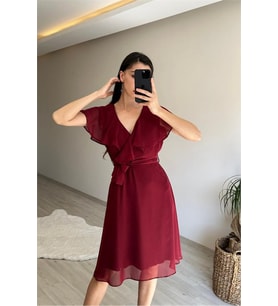 Neşeli butik kadın v yaka kuşaklı mini şifon elbise NM007 (Bordo)