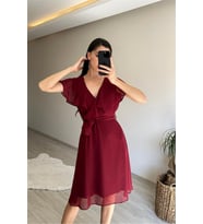 Neşeli butik kadın v yaka kuşaklı mini şifon elbise NM007 (Bordo)
