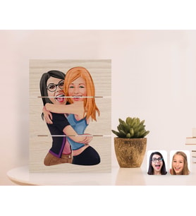 BK Gift Kişiye Özel Kız Kardeşler Karikatürlü Otantik Masaüstü Ahşap Palet Çerçeve-10 (Beyaz)