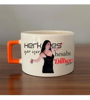Herkes Yer İçer Hesabı Dilber Öder Baskılı Turuncu Kulplu C Fincan