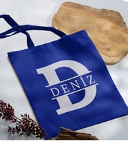 BK Gift Kişiye Özel Harfli Saks Mavi Kumaş Bez Çanta-1, Baskılı Omuz Çantası, Alışveriş Çantası
