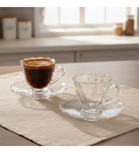 Olive Cam 6 Kişilik Tabaklı Türk Kahvesi Espresso Fincan Seti – 6 x 90 ml