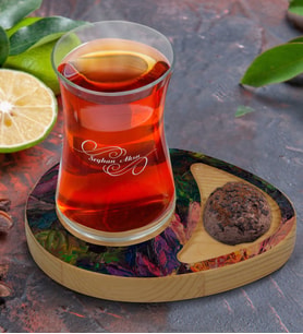 BK Gift Kişiye Özel Modern Art Tasarımlı Doğal Ahşap Tabaklı Heybeli Çay Bardağı Sunum Seti Model 20