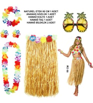 Hawaii Parti Kostüm Seti - 60 cm Hasır Etek, Çiçekli Aksesuarlar ve Ananas Gözlük (Çok Renkli)