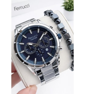 Ferrucci İç Fonksiyonları Aktif 30mt Suya Dayanıklı Çelik Kordon + Bileklik Hediyeli Erkek Kol Saati VS.BLKT.0962