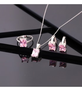 925 Ayar Gümüş Pembe Baget Taşlı Kolye Küpe Yüzük Takı Seti