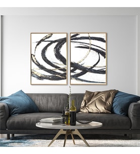 Yağlı Boya Dokulu Tablo Siyah Beyaz Altın Gold Soyut İkili Set Altın Çerçeveli U08016