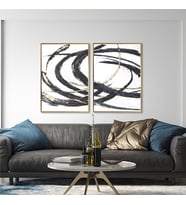 Yağlı Boya Dokulu Tablo Siyah Beyaz Altın Gold Soyut İkili Set Altın Çerçeveli U08016