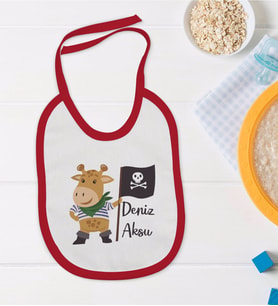 BK Kids Kişiye Özel Sevimli Korsan Tasarımlı Kırmızı Bebek Mama Önlüğü-3