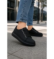 İtehe Cilt Erkek Bağcık Görünümlü Lastikli Günlük Sneaker Ayakkabı - Siyah