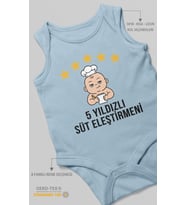 5 Yıldızlı Süt Eleştirmeni Baskılı Bebek Zıbını – Çıtçıtlı Body 8 Renk  %100 Pamuk Sıfır Kol (Bebek Mavisi)