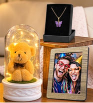 Kişiye Özel Fotoğraflı Led Işıklı Ayıcıklı Fanus ve Kelebek Kolye Hediye Seti