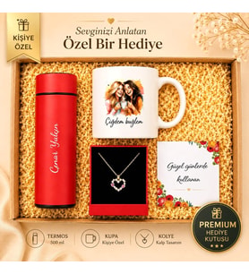 Kişiye Özel Premium Hediye Kutusu Dereceli Termos Kupa Bardak Taşlı Kolye Seti