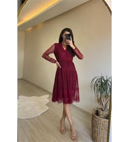 Neşeli butik kadın kruvaze yaka dantelli tül elbise NM010 (Bordo)