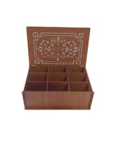 Ahşap Ceviz Renk Çay - Takı – Saat – Yüzük – Kolye - Kol Düğmesi  Aksesuar Kutusu 9 Bölmeli Kapaklı Saklama Kabı Box