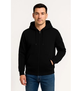 Erkek Üç İplik Kapüşonlu Tam Fermuarlı Kanguru Çepli SweatShirt Hoodie - Siyah