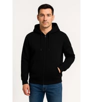 Erkek Üç İplik Kapüşonlu Tam Fermuarlı Kanguru Çepli SweatShirt Hoodie - Siyah