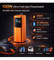 100W Ultra Hızlı Şarj Powerbank 20000 mAh PD 3.0 Type-C Dahili Kablolu Laptop Telefon Tablet Uyumlu TFT Ekran Taşınabilir Power Bank (Turuncu)