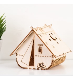 Çocuk Genç Odası İçin Doğal Ahşap Mdf 3D Puzzle Lazer Kesim Kamp Çadırı - Ev Abajur  - Masa Lambası
