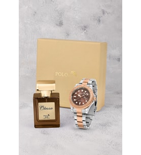 Polo Air Mercek Takvimli Döner Çerçeve Erkek Kol Saati Ve 55 ml Parfüm Seti Gümüş Kahve Bakır Renk ST-5015E8 (Gri-Bakır)