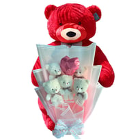 Premium 90 cm Peluş Ayı ve Kalp Balonlu Romantik Pembe Peluş Ayıcık Buketi (Kırmızı)